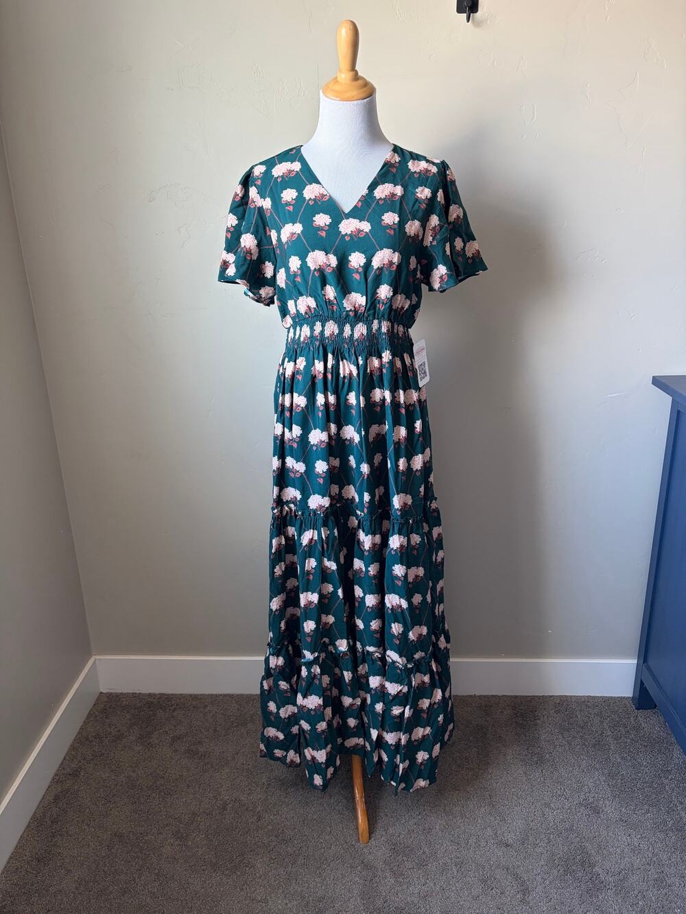 Mikarose Green Hydrangea Flutter Sleeve Boho Whimsical Tiered V-Neck Maxi Dress